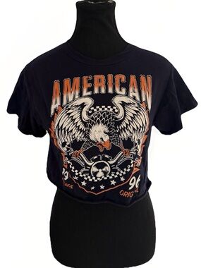 Studio 1011 Dark Blue Distressed Back Graphic Crop Tee